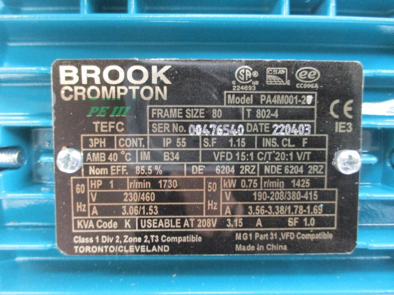 BROOK CROMPTON PA4M001-2C 230/460V 3.06/1.53A NSMP