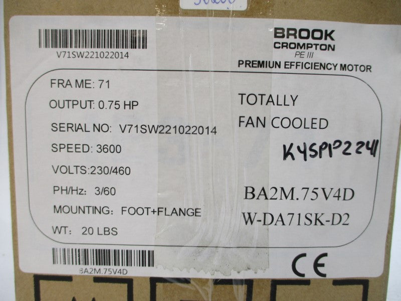 BROOK CROMPTON BA2M.75V4D W-DA71SK-D2 230/460V 2.1/1.1A NSMP