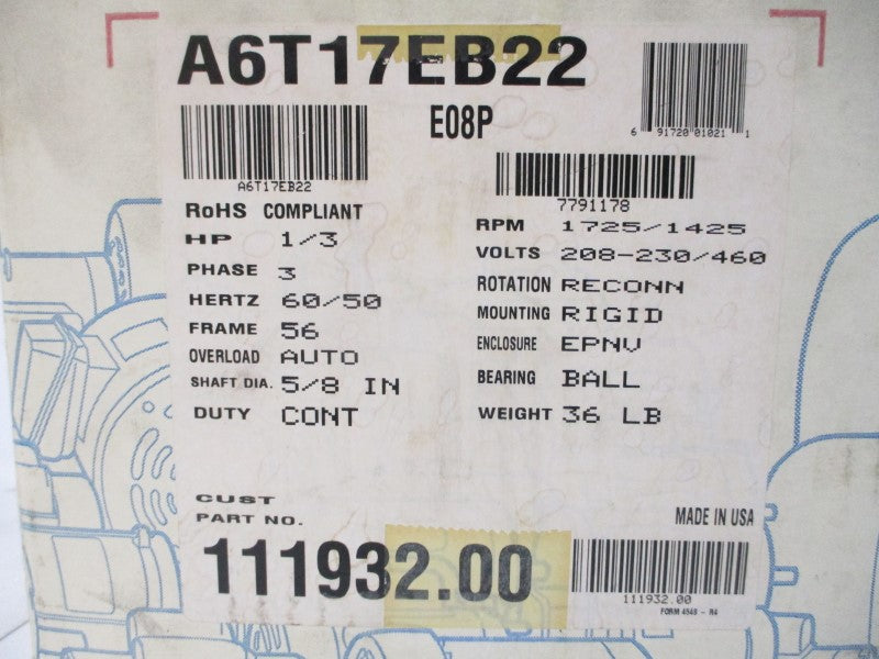 LEESON A6T17EB22F 111932-00 208-230/460V 1.2-1.2/.6-1.4-1.4/.7A NSMP