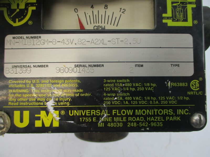 UNIVERSAL FLOW MONITORS MN-MIB12GM-8-43V.82-A2XL-ST-2.5U 480VAC 15A NSNP