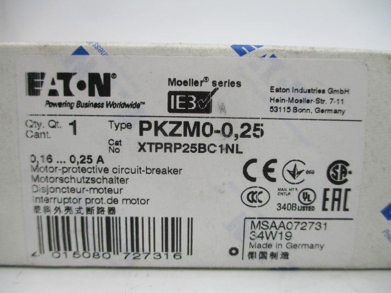 EATON PKZM0-0.25 XTPRP25BC1NL 600VAC 0.16-0.25A NSMP