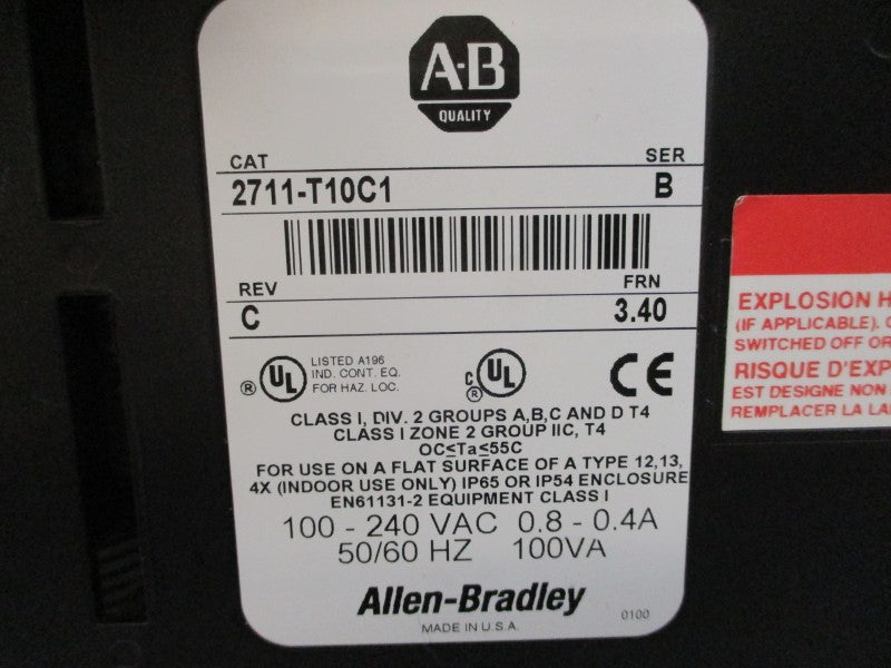 ALLEN BRADLEY 2711-T10C1 SER. B F/W 3.40 100-240VAC 0.8-0.4A REV. C NSNP