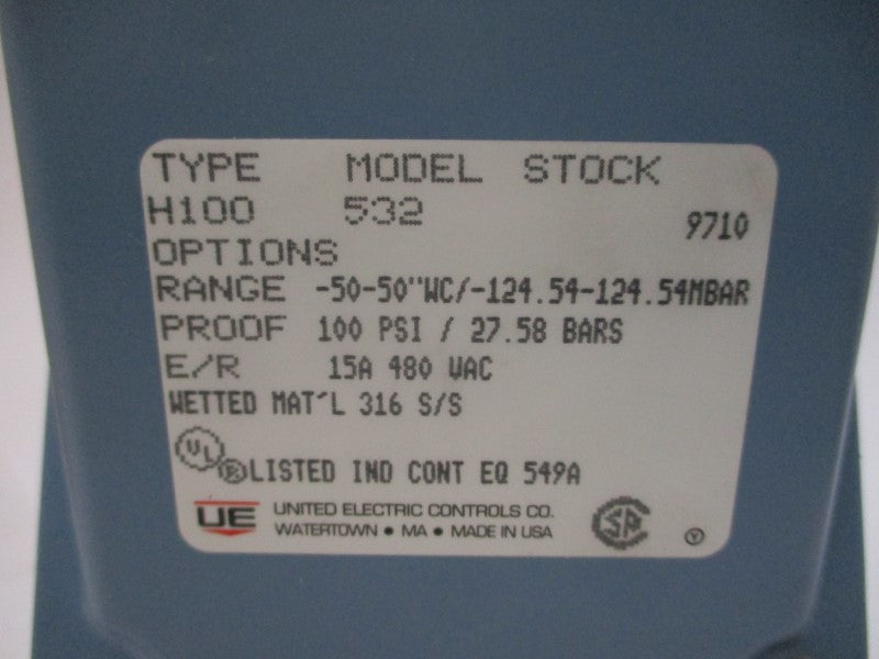 UNITED ELECTRIC CONTROLS H100532 480VAC 15A 100PSI NSMP