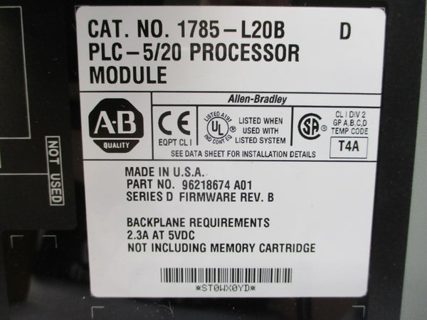 ALLEN BRADLEY 1785-L20B SER. D F/W B 5VDC 2.3A REV. A01 NSMP