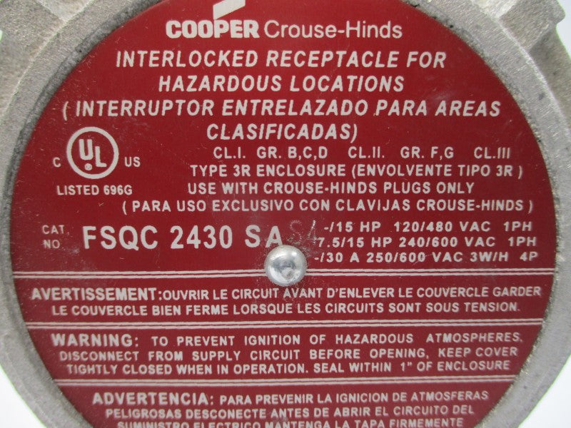 COOPER CROUSE-HINDS FSQC2430SAS4 120/480VAC 30A NSNP