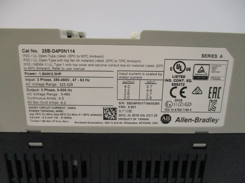 ALLEN BRADLEY 25B-D4P0N114 SER. A F/W 5.001 323-528V 4.0A NSMP