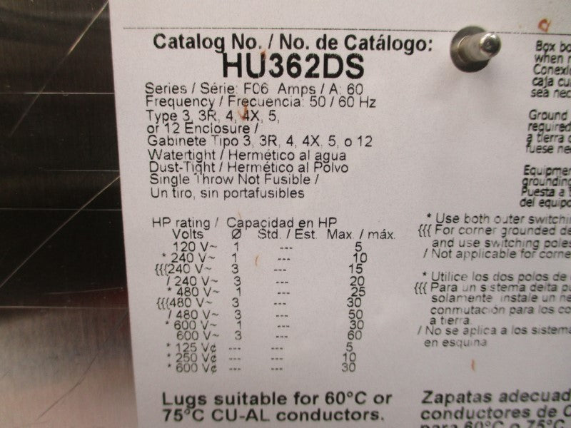 SQUARE D HU362DS SER. F06 600VAC 60A NSMP