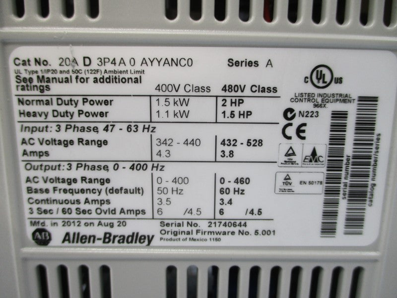 ALLEN BRADLEY 20AD3P4A0AYYANC0 SER. A F/W 5.001 480VAC 3.4A NSNP