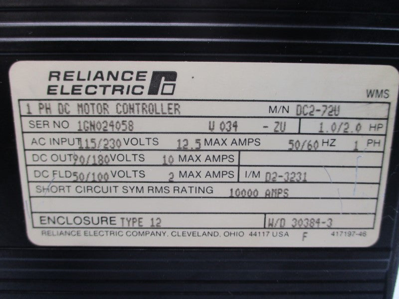 RELIANCE ELECTRIC DC2-72U 115/230VAC 12.5A UNMP
