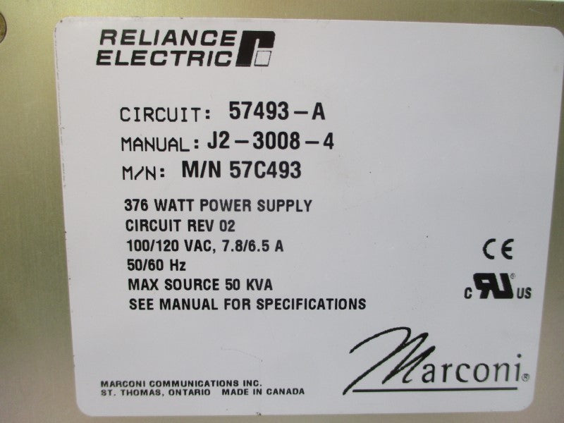 RELIANCE ELECTRIC 57C493 57493-A 100/120VAC 7.8/6.5A REV. 02 UNMP