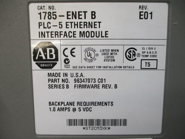 ALLEN BRADLEY 1785-ENET SER. B F/W B 5VDC 1.0A REV. E01 UNMP