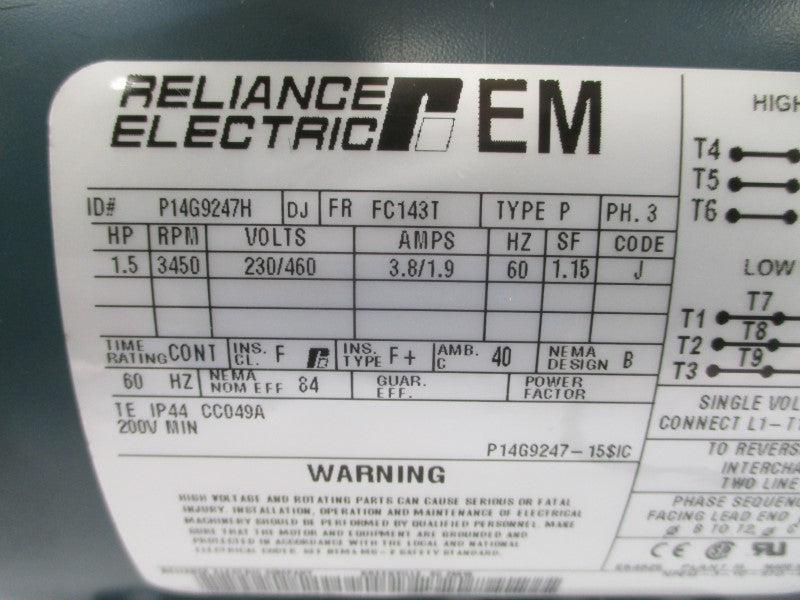 RELIANCE ELECTRIC P14G9247H 230/460V 3.8/1.9A NSNP