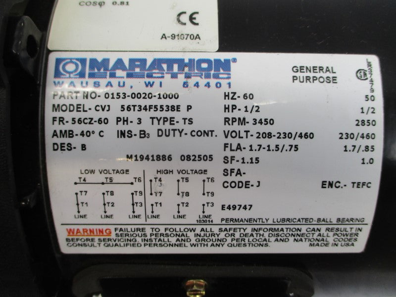 MARCH MFG TE-6K-MD W/ MARATHON ELECTRIC 0153-0020-1000 56T34F5538E 208-230/460V 1.7-1.5/.75A NSNP