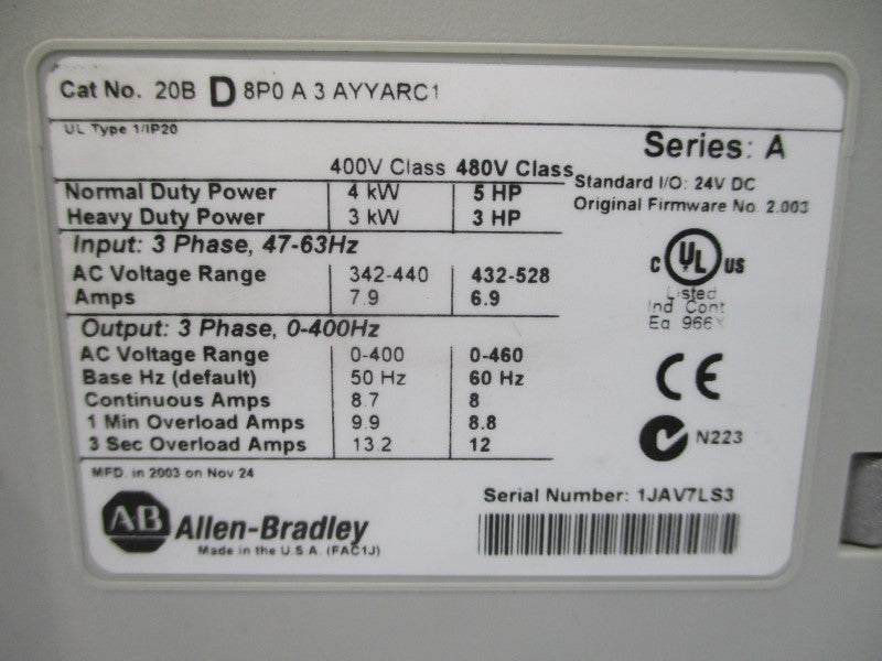 ALLEN BRADLEY 20BD8P0A3AYYARC1 SER. A F/W 2.003 480VAC 8A UNMP