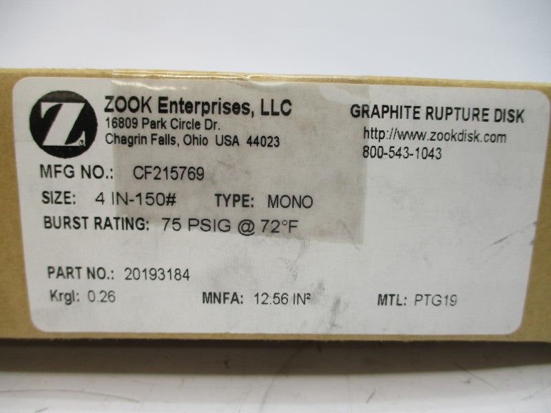ZOOK ENTERPRISES CF215769 20193184 75PSI 4" NSMP