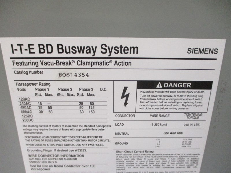 SIEMENS BOS14354 600VAC 200A UNMP