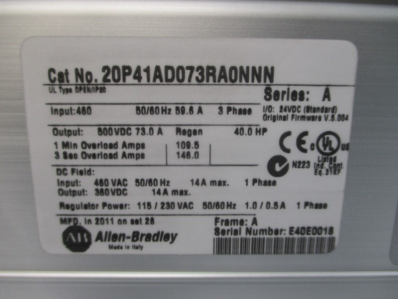 ALLEN BRADLEY 20P41AD073RA0NNN SER. A F/W 5.004 460VAC 73.0A NSMP