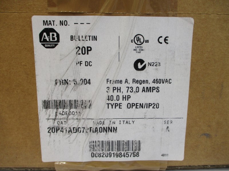 ALLEN BRADLEY 20P41AD073RA0NNN SER. A F/W 5.004 460VAC 73.0A NSMP