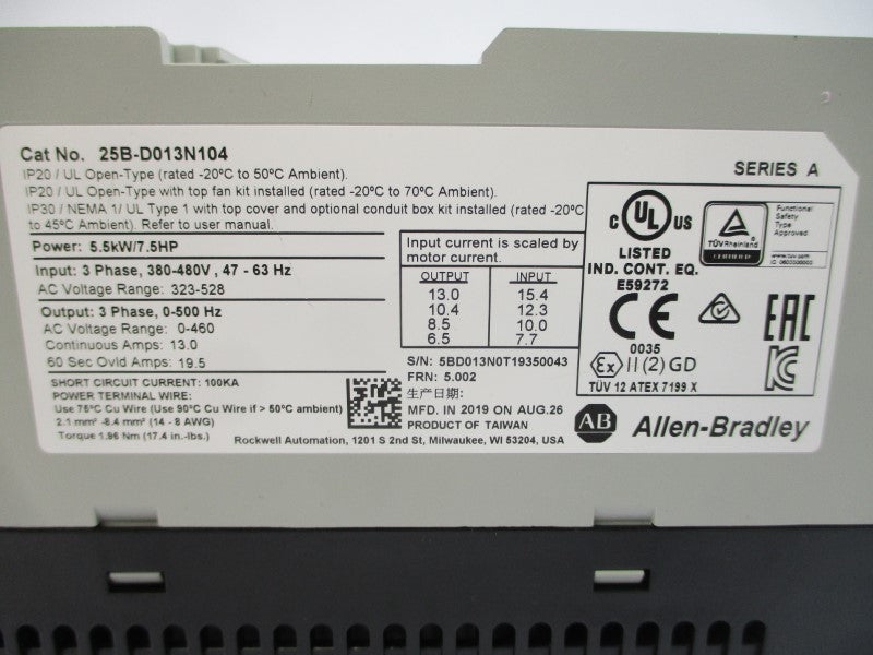 ALLEN BRADLEY 25B-D013N104 SER. A F/W 5.002 380-480VAC 15.4A NSNP