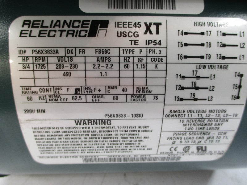 RELIANCE ELECTRIC P56X3833A 208-230/460V 2.2/1.1A NSNP