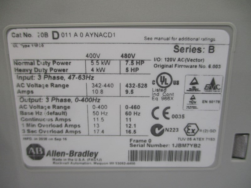 ALLEN BRADLEY 20BD011A0AYNACD1 SER. B F/W 6.003 480VAC 11A NSNP