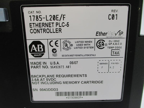 ALLEN BRADLEY 1785-L20E SER. F F/W A.2 5VDC 3.6A REV. C01 NUPI