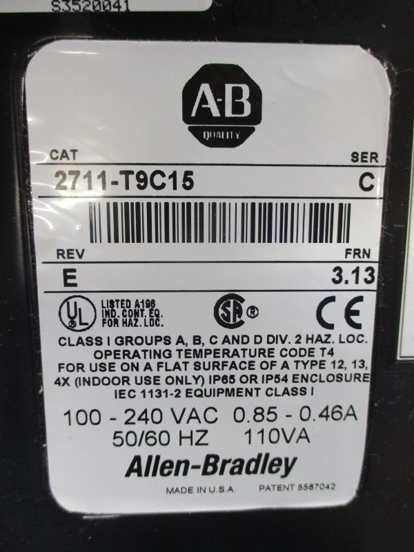 ALLEN BRADLEY 2711-T9C15 SER. C F/W 3.13 100-240VAC 0.85-0.46A REV. E NSNP