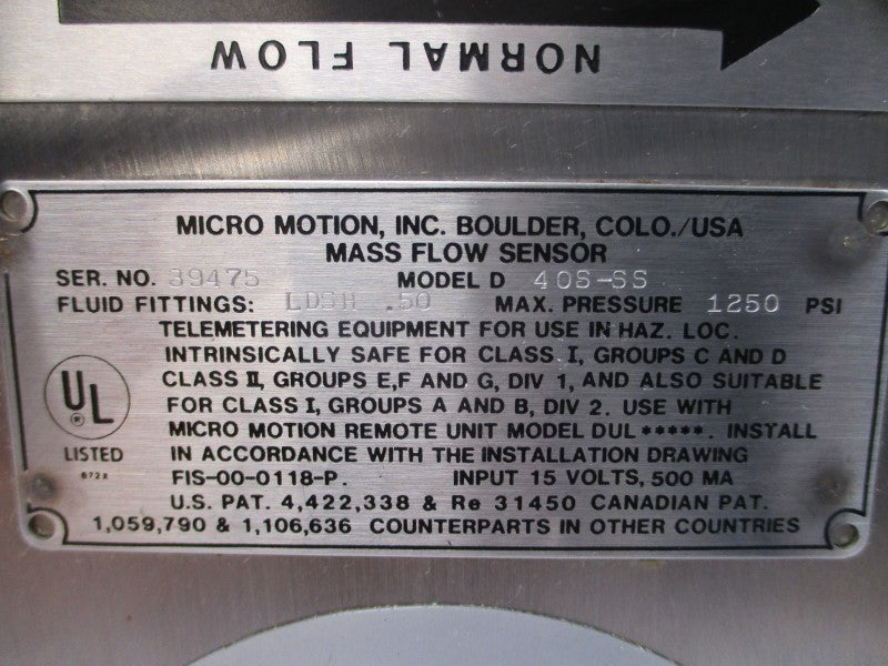 MICRO MOTION 40S-SS 15V 1250PSI UNMP