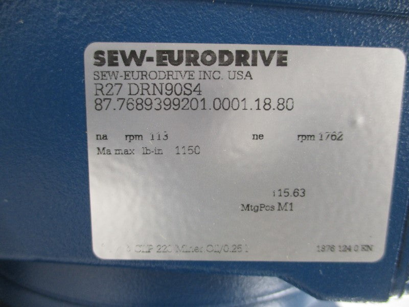 SEW EURODRIVE R27DRN90S4 230/460V 4.60/2.30A NSNP