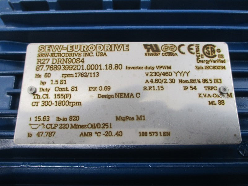 SEW EURODRIVE R27DRN90S4 230/460V 4.60/2.30A NSNP