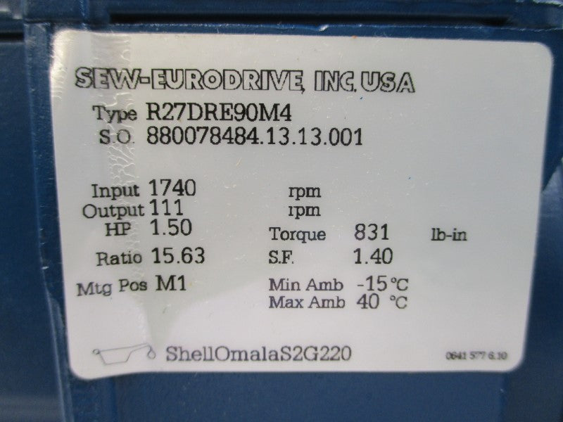 SEW EURODRIVE R27DRE90M4 230/460V 4.50/2.25A NSNP
