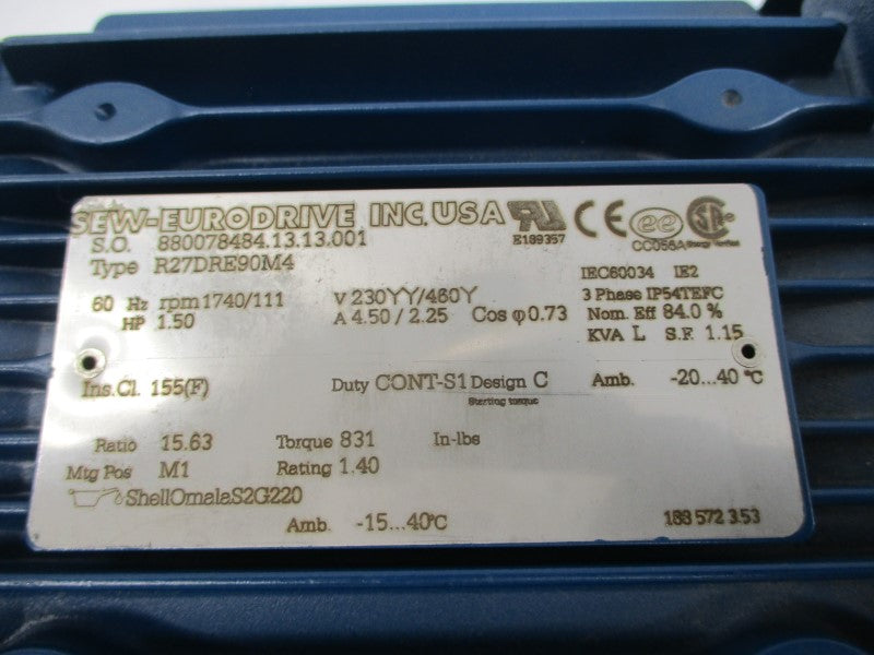 SEW EURODRIVE R27DRE90M4 230/460V 4.50/2.25A NSNP