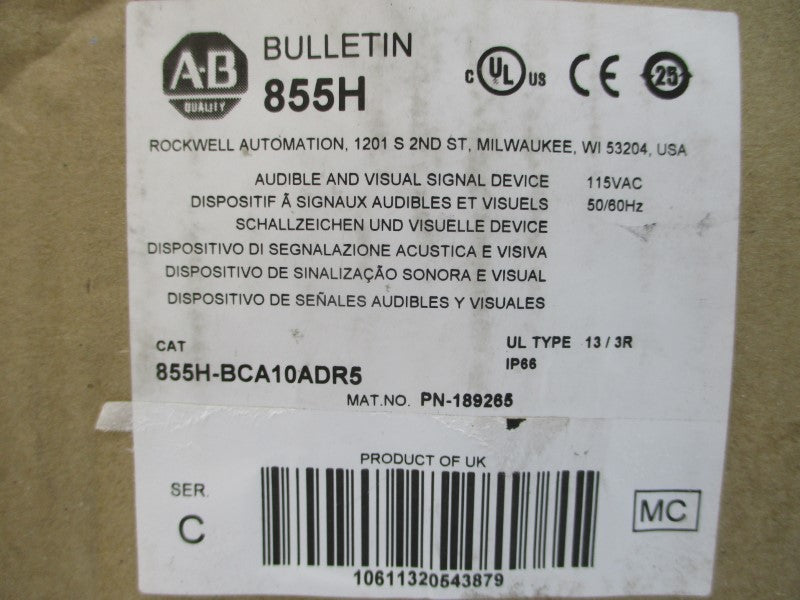 ALLEN BRADLEY 855H-BCA10ADR5 SER. C 115VAC (BR/WH) NSMP