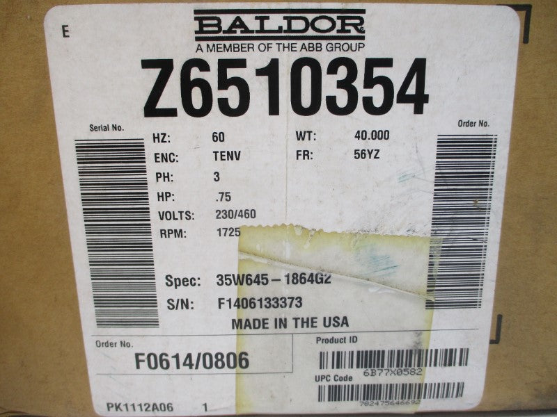 BALDOR Z6510354 6B77X0582 35W645-1864G2 230/460V 2.2/1.1A NSMP