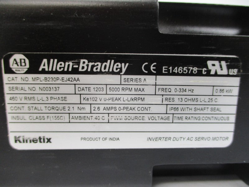 ALLEN BRADLEY MPL-B230P-EJ42AA SER. A 460VAC 2.6A NSMP