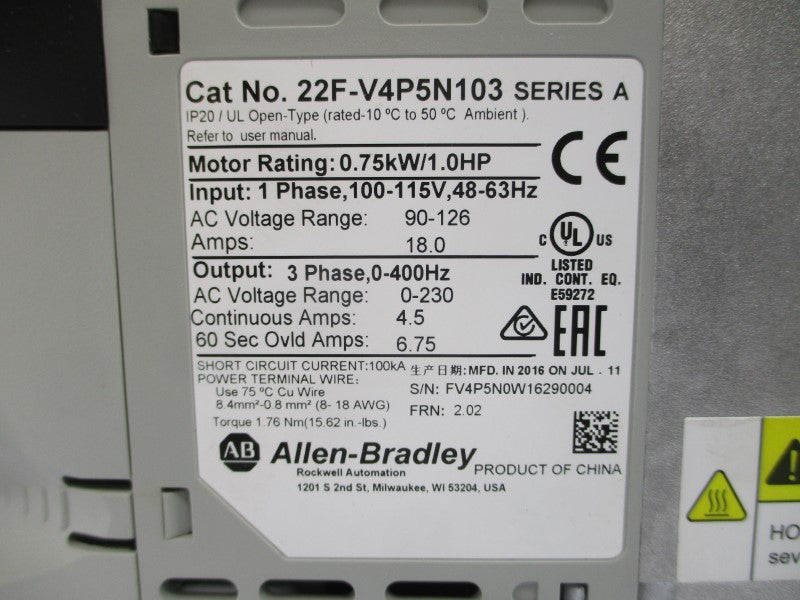 ALLEN BRADLEY 22F-V4P5N103 SER. A F/W 2.02 90-126VAC 18.0A NSMP
