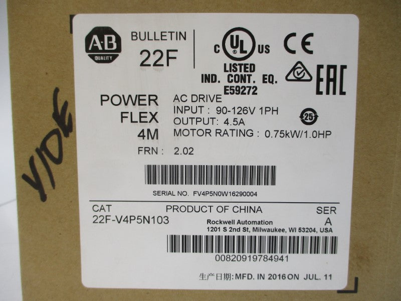 ALLEN BRADLEY 22F-V4P5N103 SER. A F/W 2.02 90-126VAC 18.0A NSMP