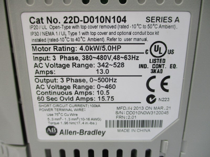 ALLEN BRADLEY 22D-D010N104 SER. A F/W 2.01 342-528VAC 13.0A NSMP