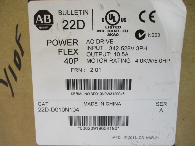 ALLEN BRADLEY 22D-D010N104 SER. A F/W 2.01 342-528VAC 13.0A NSMP