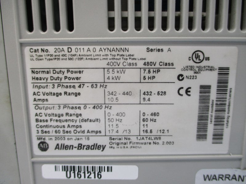 ALLEN BRADLEY 20AD011A0AYNANNN SER. A F/W 2.003 480VAC 9.4A UNMP