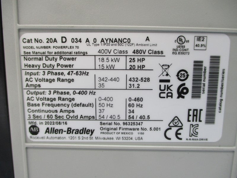 ALLEN BRADLEY 20AD034A0AYNANC0 SER. A F/W 5.001 480VAC 31.2A NSNP