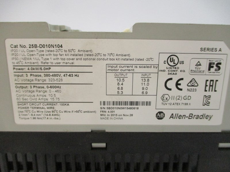 ALLEN BRADLEY 25B-D010N104 SER. A F/W 4.001 380-480VAC 13.8A NSNP