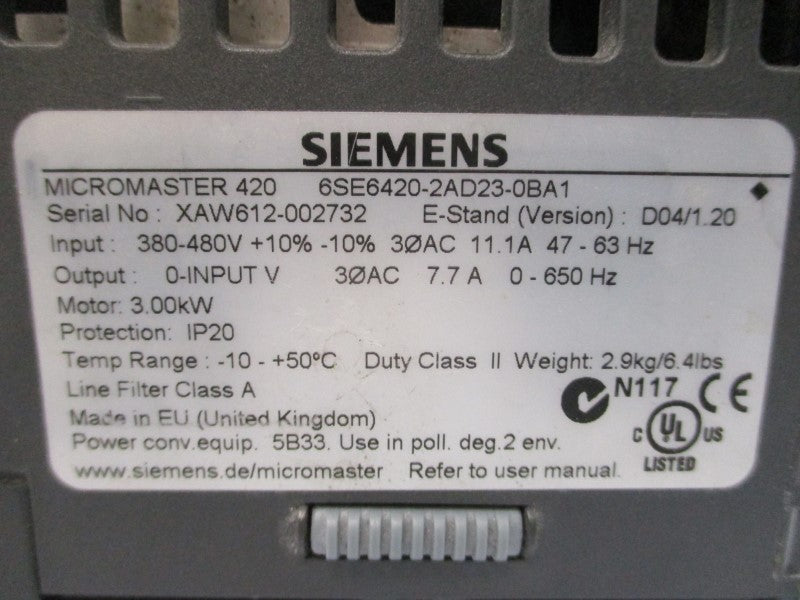 SIEMENS 6SE6420-2AD23-0BA1 380-480VAC 11.1A (AS PICTURED) UNMP