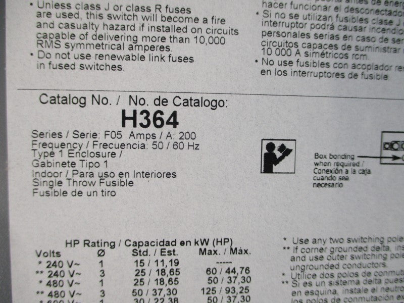 SQUARE D H364 SER. F05 600VAC 200A NSNP