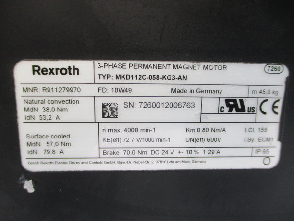 REXROTH R911279970 MKD112C-058-KG3-AN 24VDC 53.2-79.8A NSNP