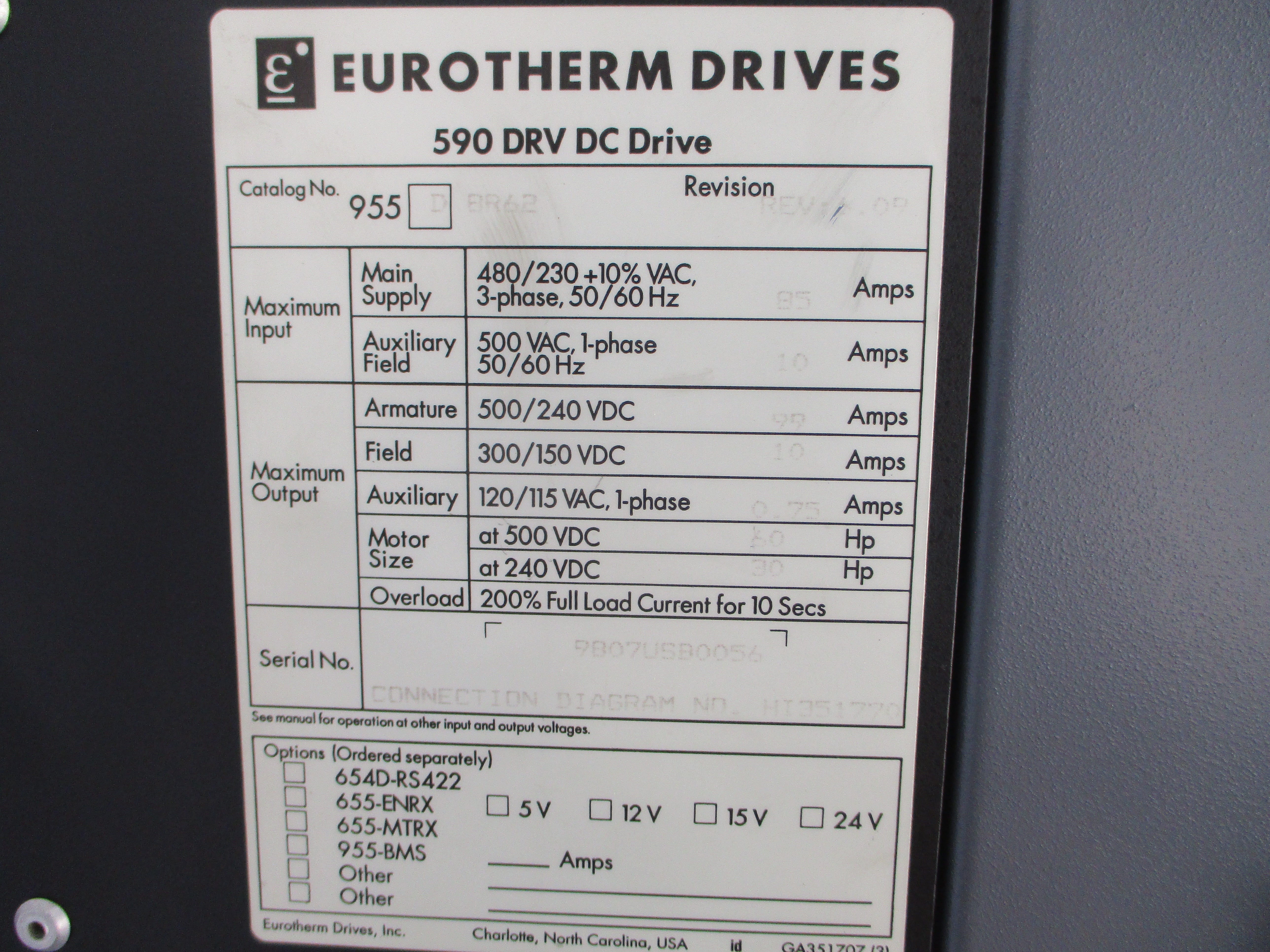 EUROTHERM DRIVES 955DBR62 480/230VAC 85A REV. 6.09 (AS PICTURED) UNMP