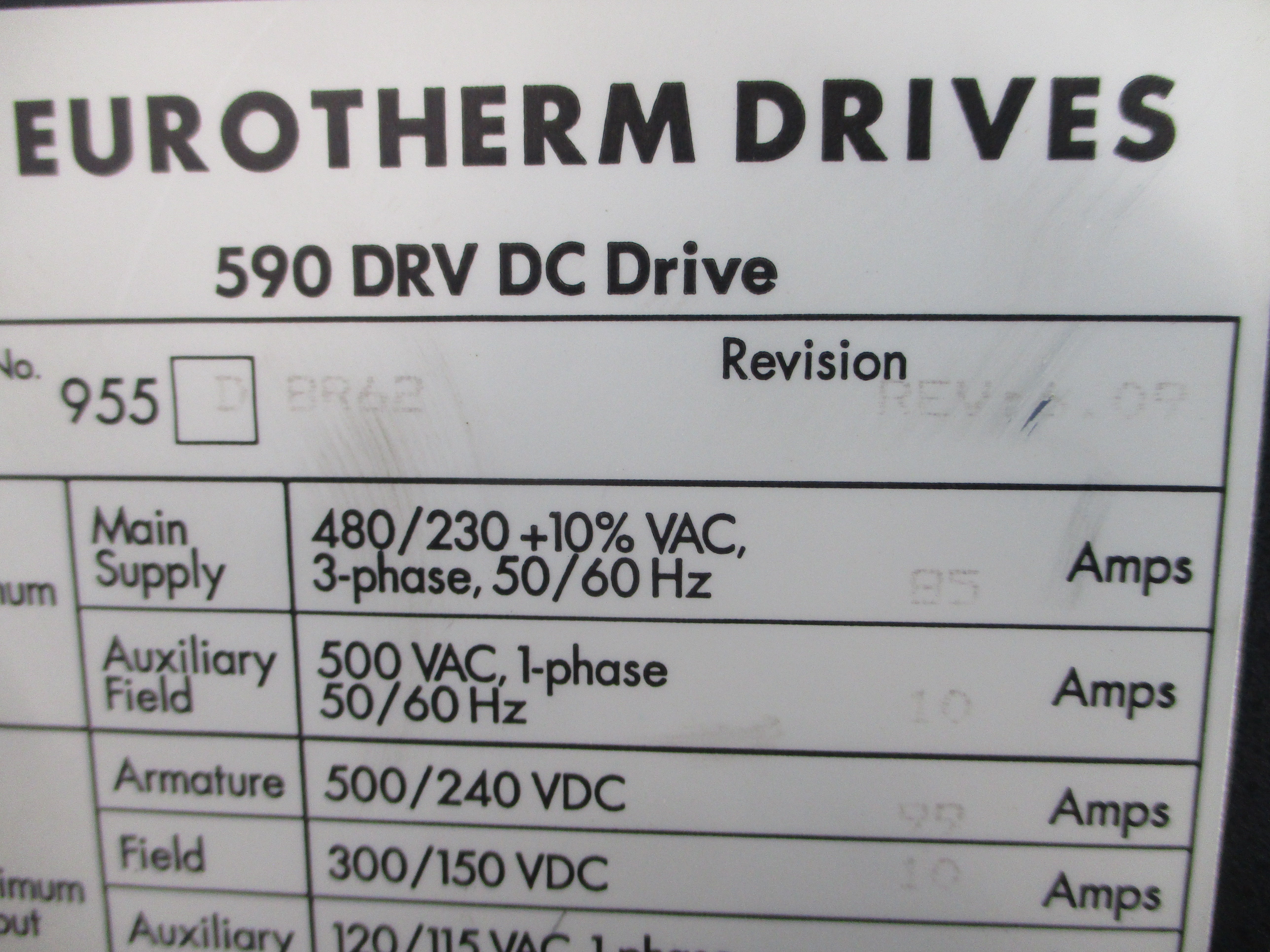 EUROTHERM DRIVES 955DBR62 480/230VAC 85A REV. 6.09 (AS PICTURED) UNMP