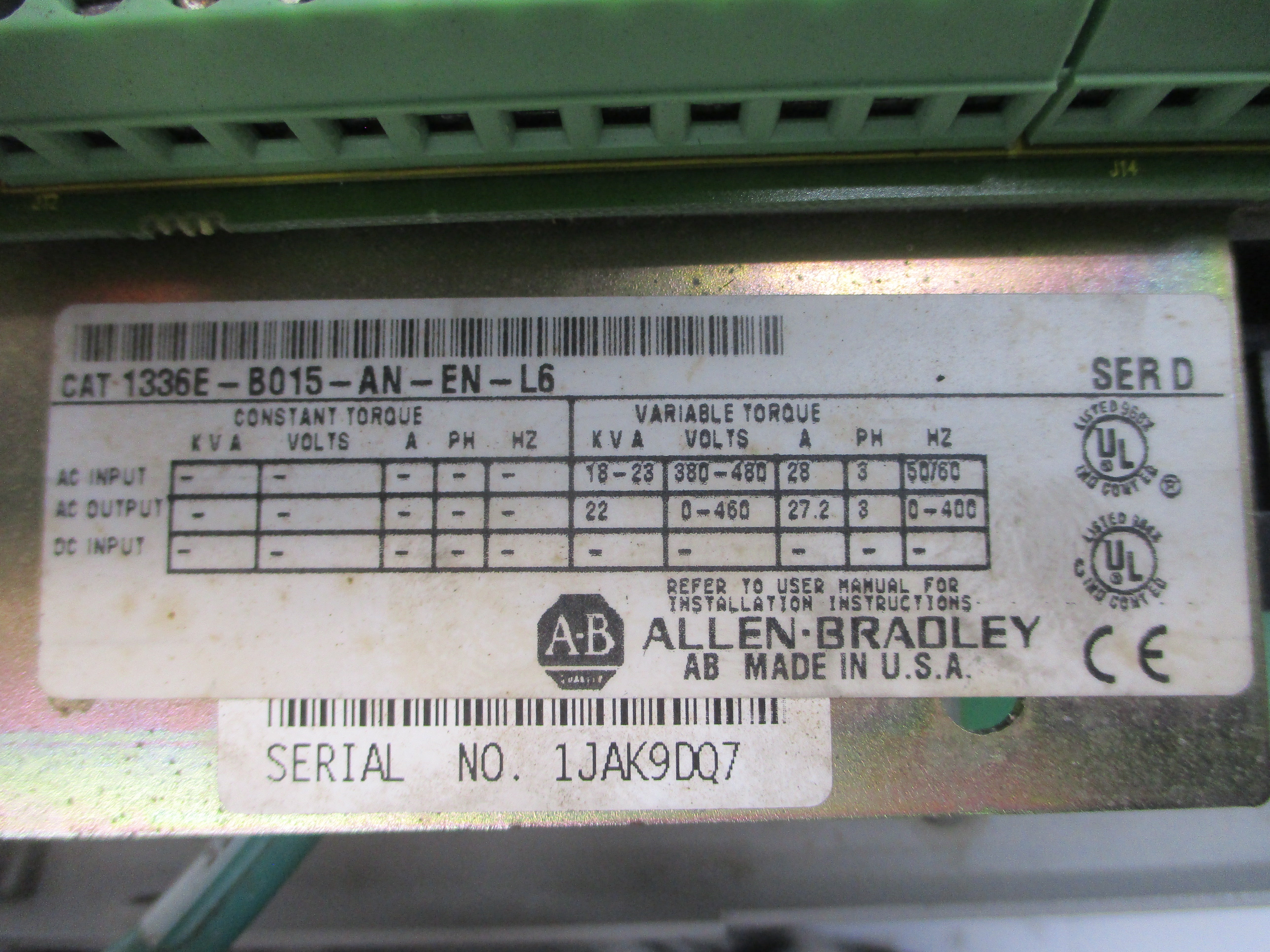 ALLEN BRADLEY 1336E-B015-AN-EN-L6 SER. D 380-480VAC 28A UNMP