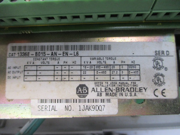 ALLEN BRADLEY 1336E-B015-AN-EN-L6 SER. D 380-480VAC 28A UNMP