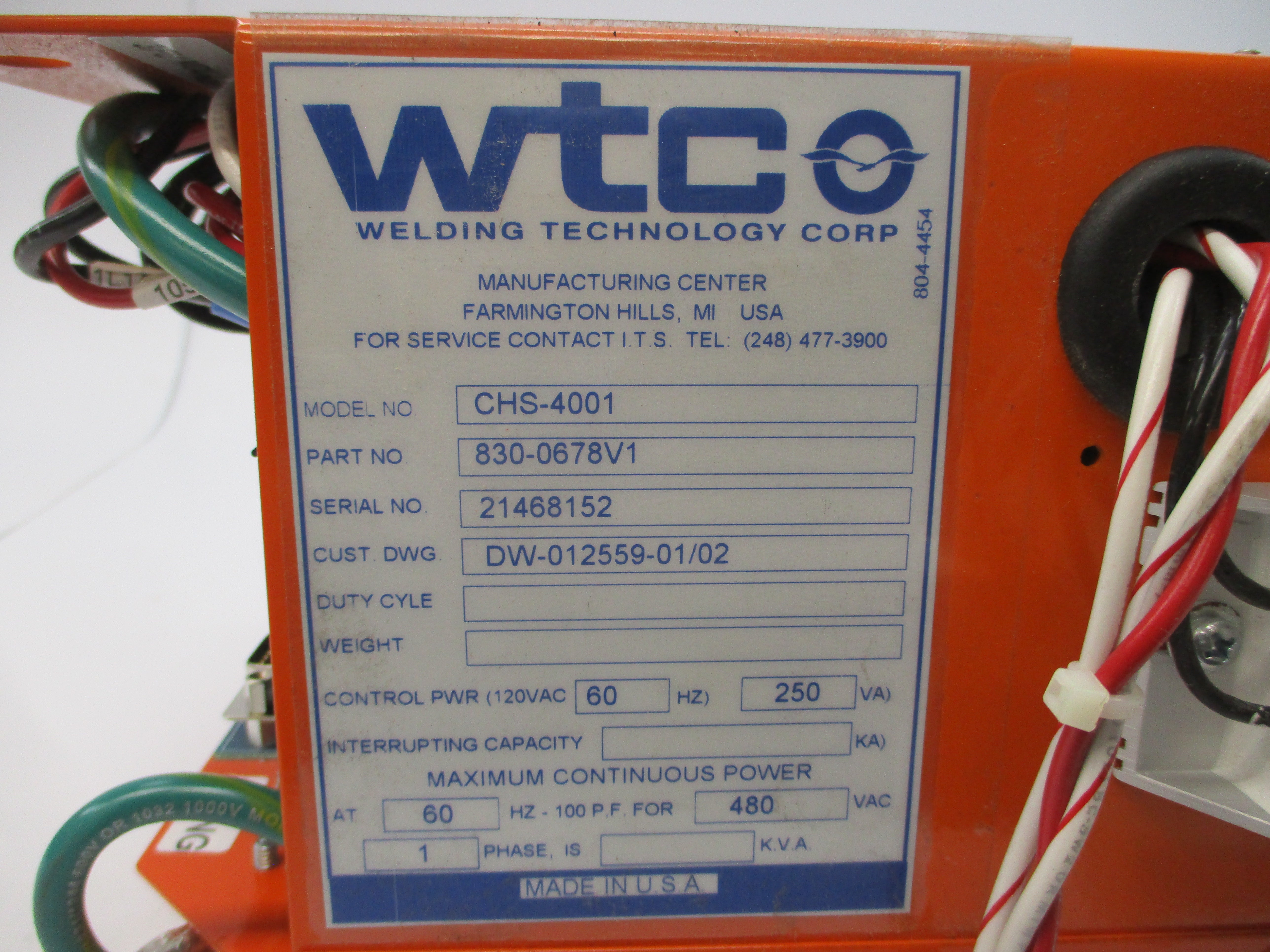 WTC CHS-4001 830-0678V1 480VAC NSNP
